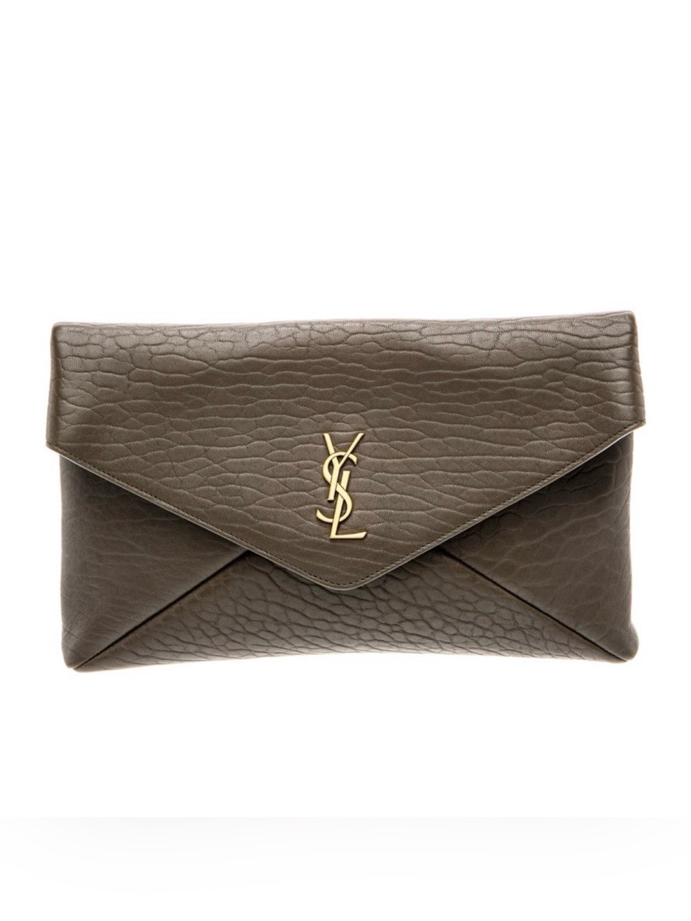 Saint Laurent Taupe Textured Envelope Clutch with Gold YSL